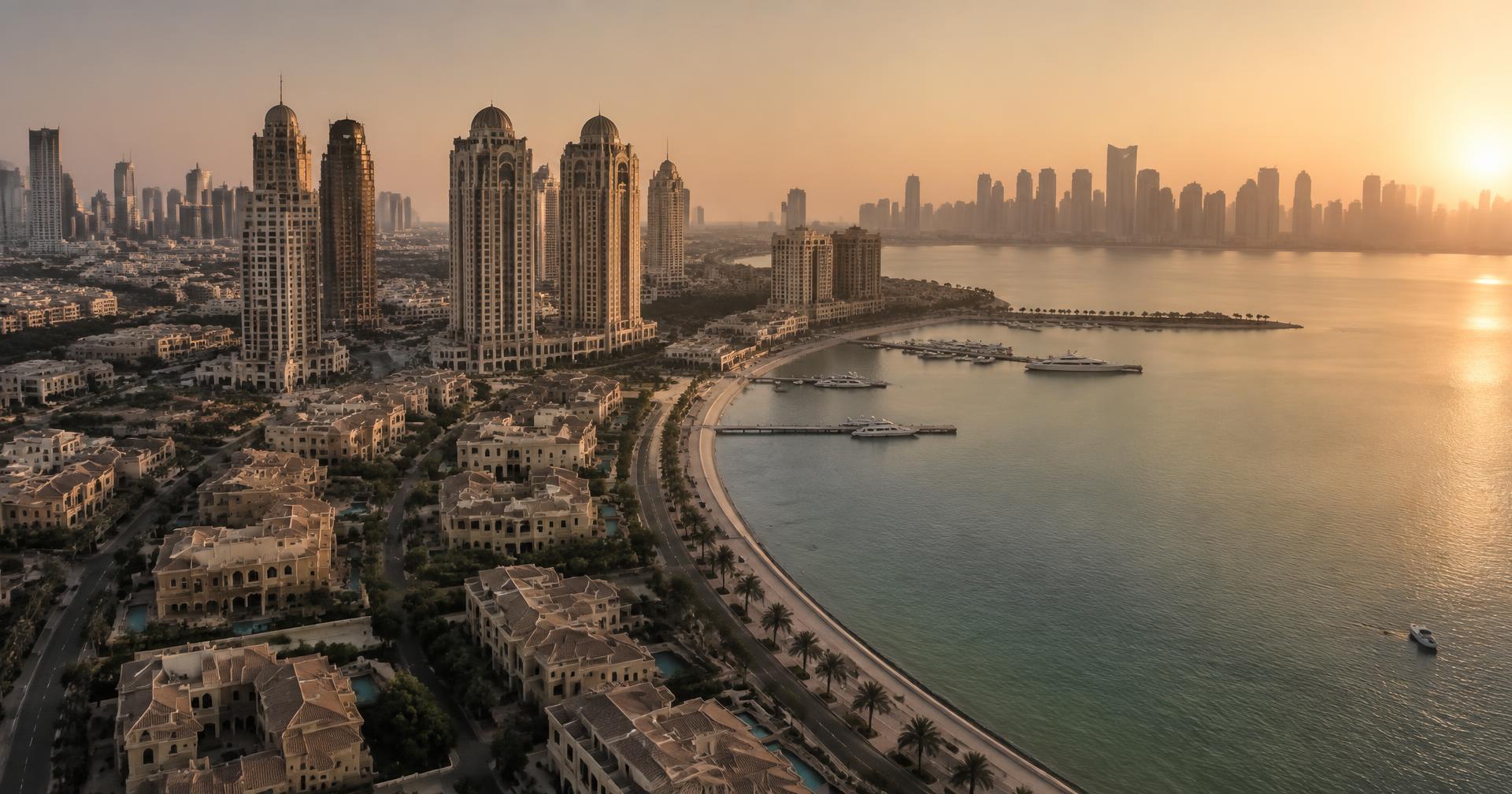 Aerial view of the Doha waterfront at golden hour
